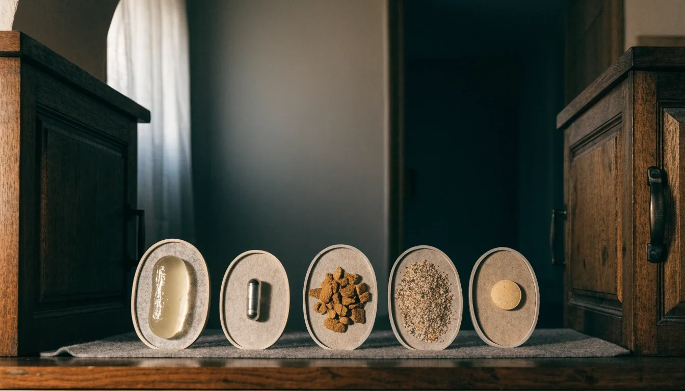 Cápsula de vitamina D y escamas de zinc sobre fieltro