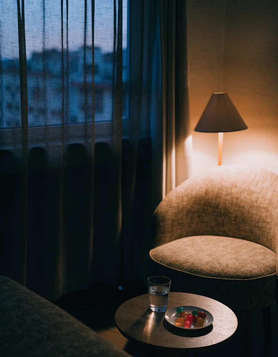 Hombre sentado junto a una ventana con cortina oscura al atardecer
