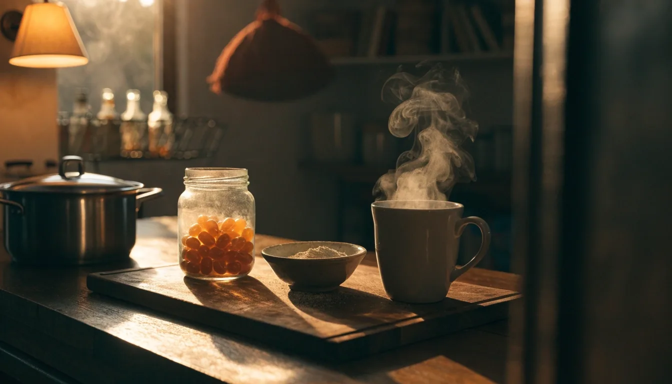 Mesa de madera oscura con cucharas de medida y un plato de mineral en polvo bajo la lámpara