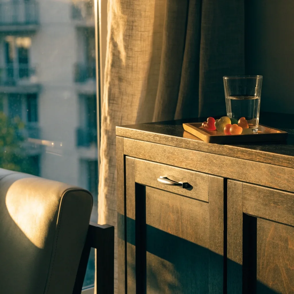 Silla de cuero y mesa con lámpara encendida en un estudio tranquilo