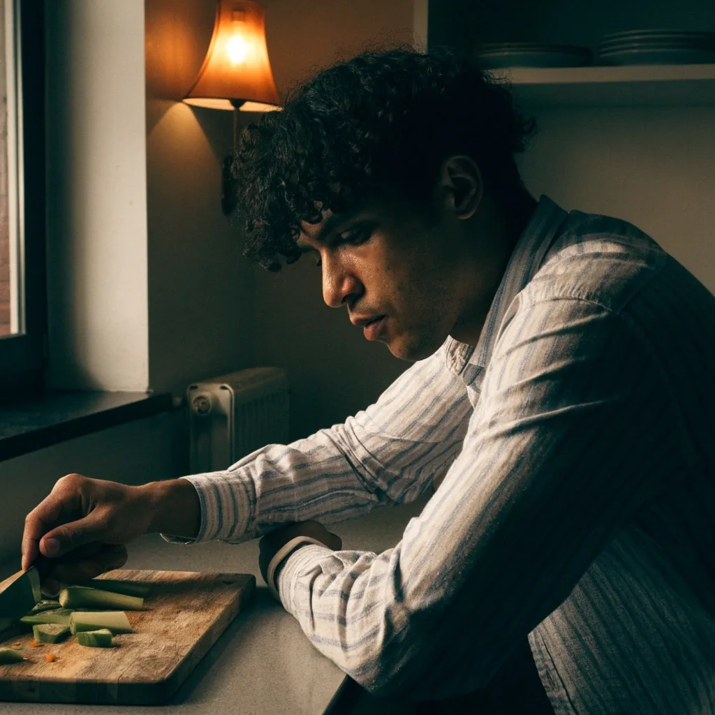 Hombre apoyado en el mesón de su cocina mientras prepara comida en un ambiente de luz cálida