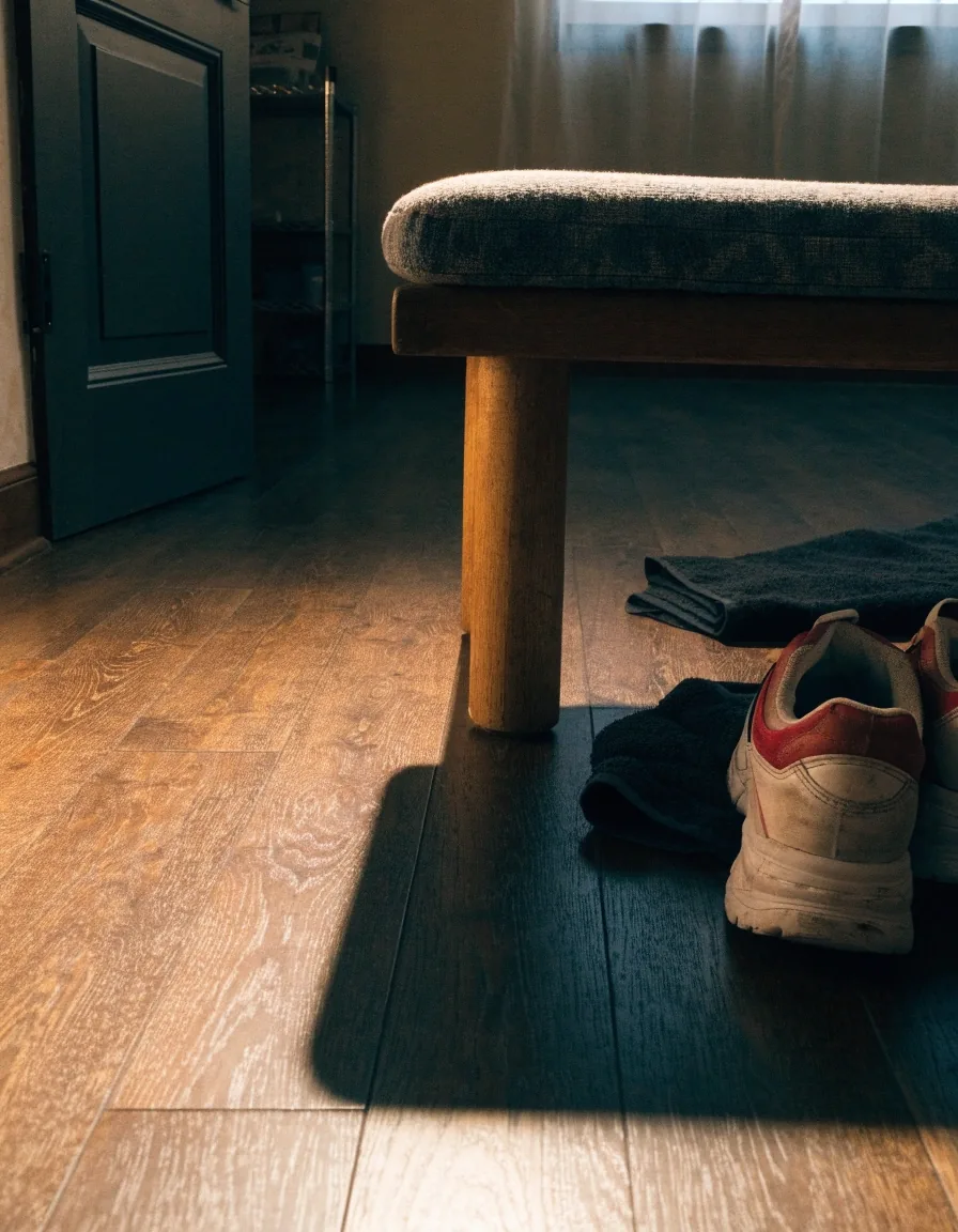 Zapatillas de entrenamiento desgastadas y una toalla sobre el piso de madera junto a una banca