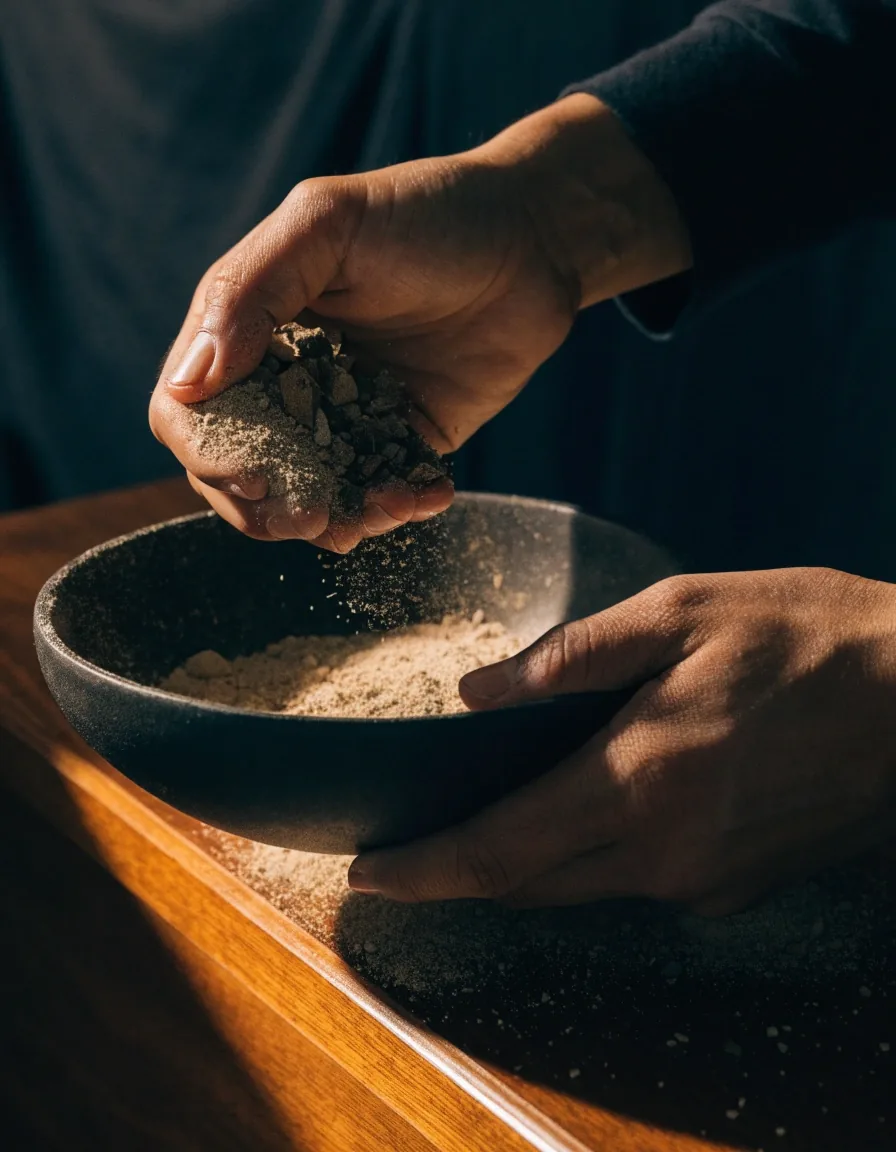 Hojas secas y polvo de extracto vegetal en un recipiente cerámico oscuro