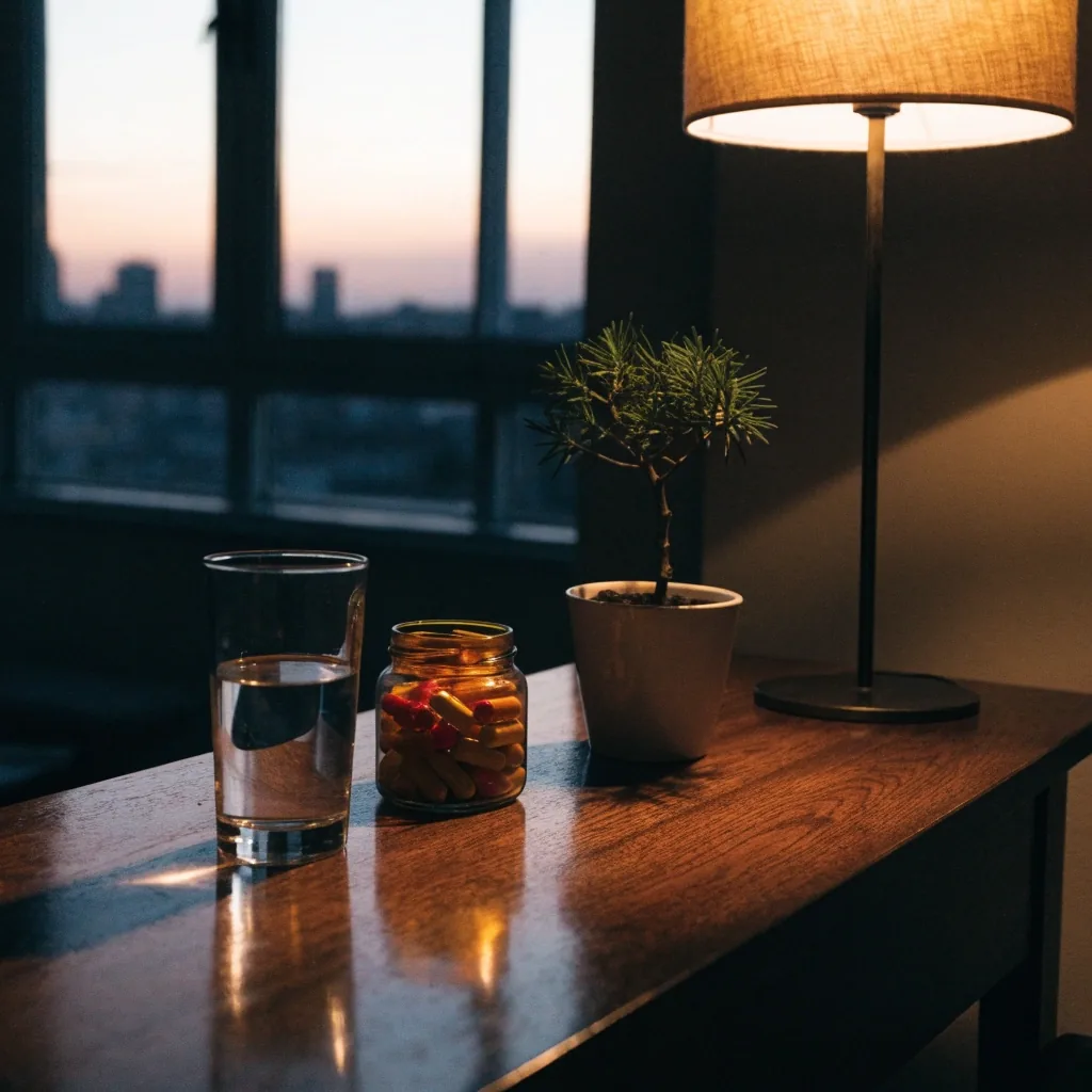 Ventana cerrada en Cali al atardecer con la lámpara del estudio encendida